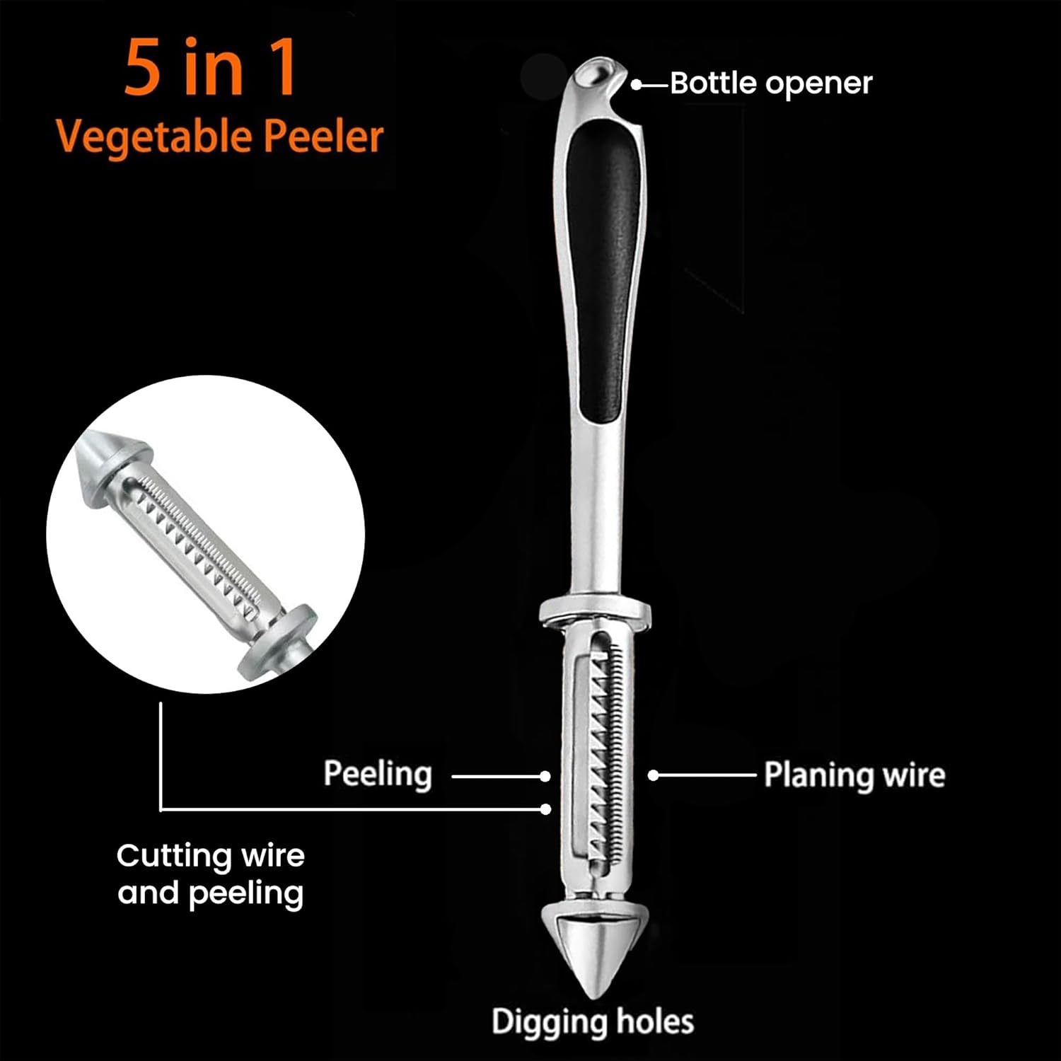 Storite Stainless Steel Peeler for Vegetables and Fruits, 5 in 1 Multifunctional Peeler with Bottle Opener Function for Kitchen, Versatile & Durable Vegetable Peeler for Salad Preparation - Silver - Springkart 