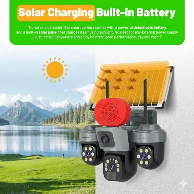 Active Pixel 4Mp Solar 4G SIM PTZ Security Camera | Triple Lens 360° Surveillance | Built-in Loud Alarm Siren | Motion Tracking | Color Night Vision | Wireless Outdoor CCTV – No Power, No Wires - G17