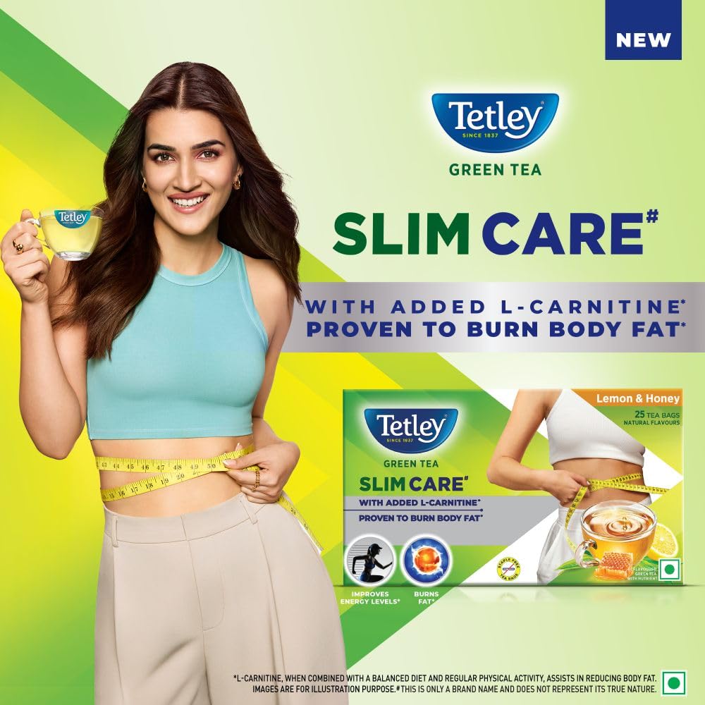 Tetley Green Tea Slim Care, With Added L-Carnitine, Helps Burn Body Fat, Boosts Energy, Low Calories, Delicious Natural Lemon and Honey Flavours, Makes 25 cups