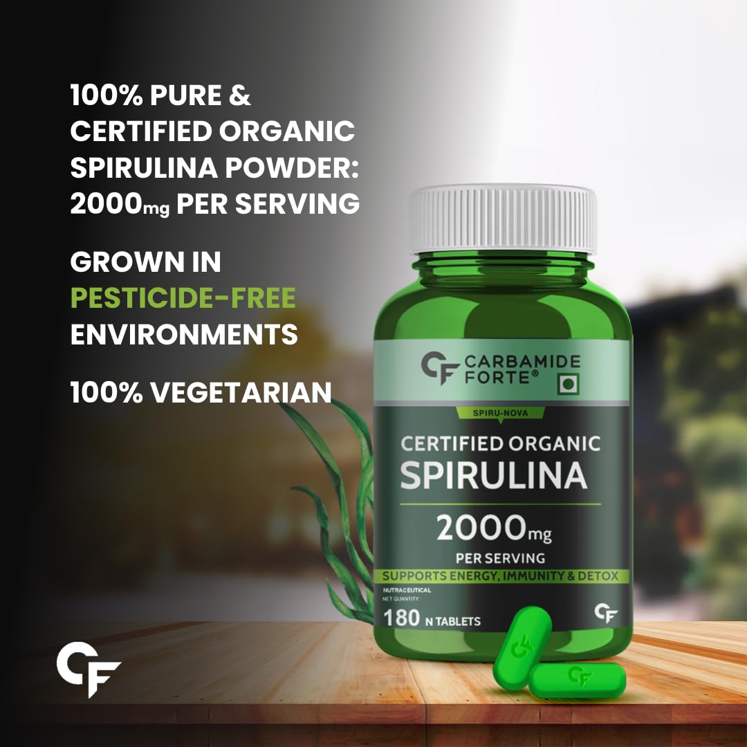 Carbamide Forte 100% Organic Spirulina Tablets 2000 mg Per Serving - Spirulina Powder Organic Tablets | Supports Energy, Immunity & Detox | Certified Spirulina Organic Tablet - 180 Tablets - Springkart 