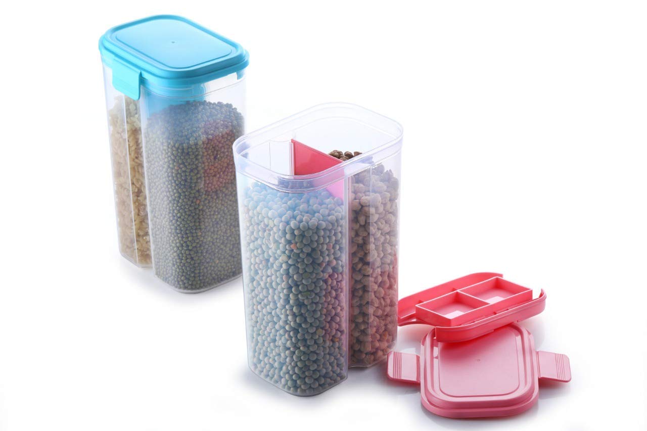 Plastic 2 Sections Air Tight Transparent Food Grain Cereal Storage Container (2 ltr) - Springkart 