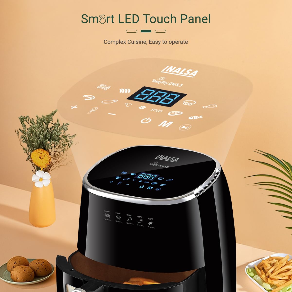 INALSA Air Fryer for Home|5.5 liter Capacity|Visible Window & Internal Light|1600 W with Smart AirCrisp Technology|6-In-1 Appliance With 8 Preset Menu & Digital Display (Tasty fry DW5.5)Black