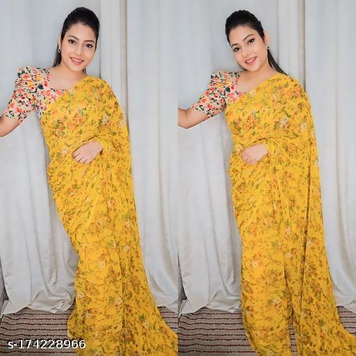 AnyTime's Printed Yellow Georgette Chiffon Saree With Blouse Piece - Springkart 