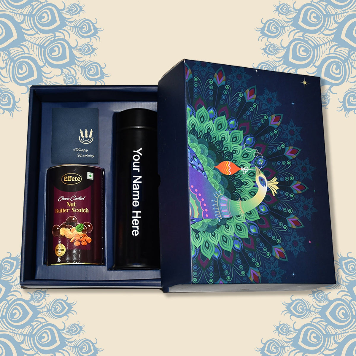 Personalized Temperature Water Bottle, Wishing card & Chocolate (With Attractive Peacock Box / 3 Pc Set) - Springkart 
