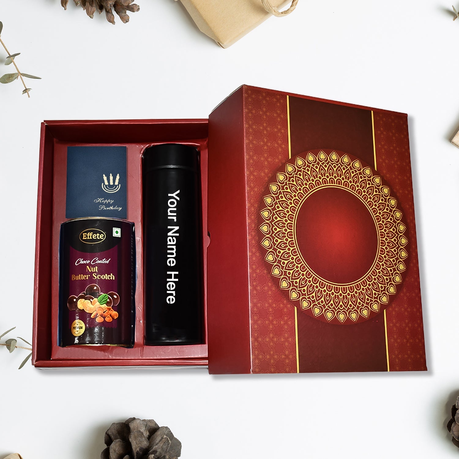 Personalized Temperature Water Bottle, Wising Card & Chocolate (With Attractive Multi Circle Box / 3 Pc Set) - Springkart 