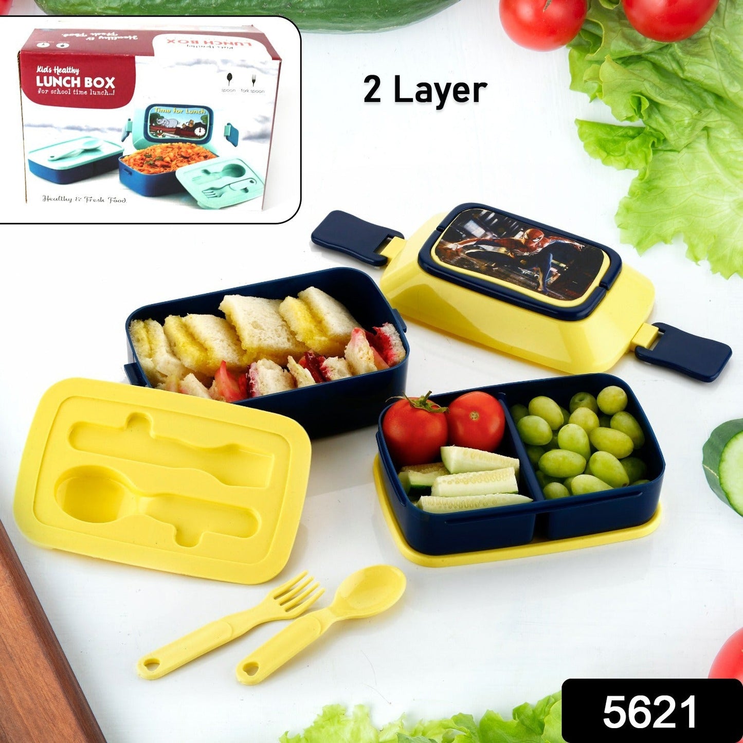 5621 Double Layer Lunch Box Stylish Lid Lunch Box With Fork & Spoon Lunch Box For Children School Lunch Box  - Springkart 