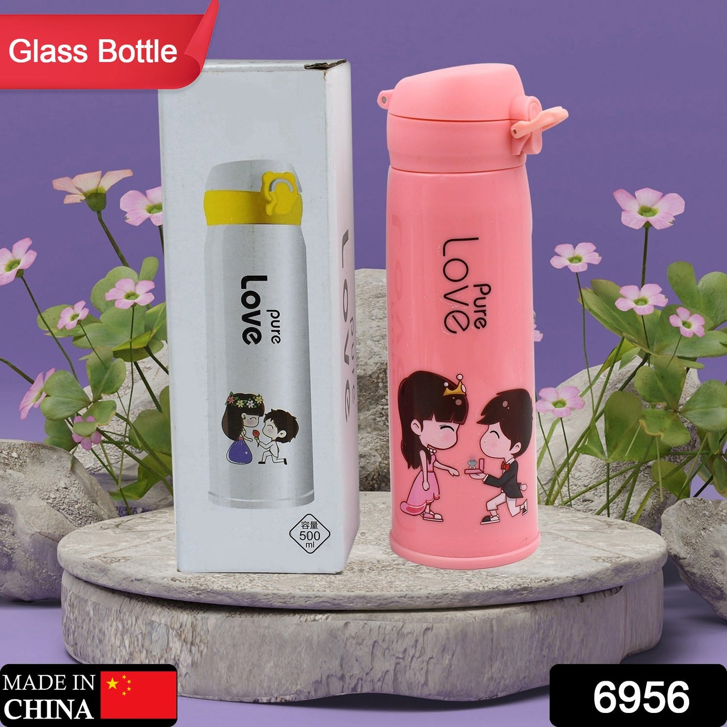 Pure Love outdoor sport water bottle 500ml leak proof BPA-free for travel cold and hot water glass water bottle with daily water intake for gym and children, Fridge, for Home, Office, School (MOQ :- 80 Pc) - Springkart 