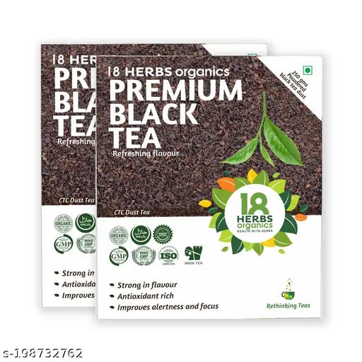 18 Herbs Organics Premium Black Tea | Refreshing Flavour | Improves Alertness and Focus - 250 gms - Pack of 2
