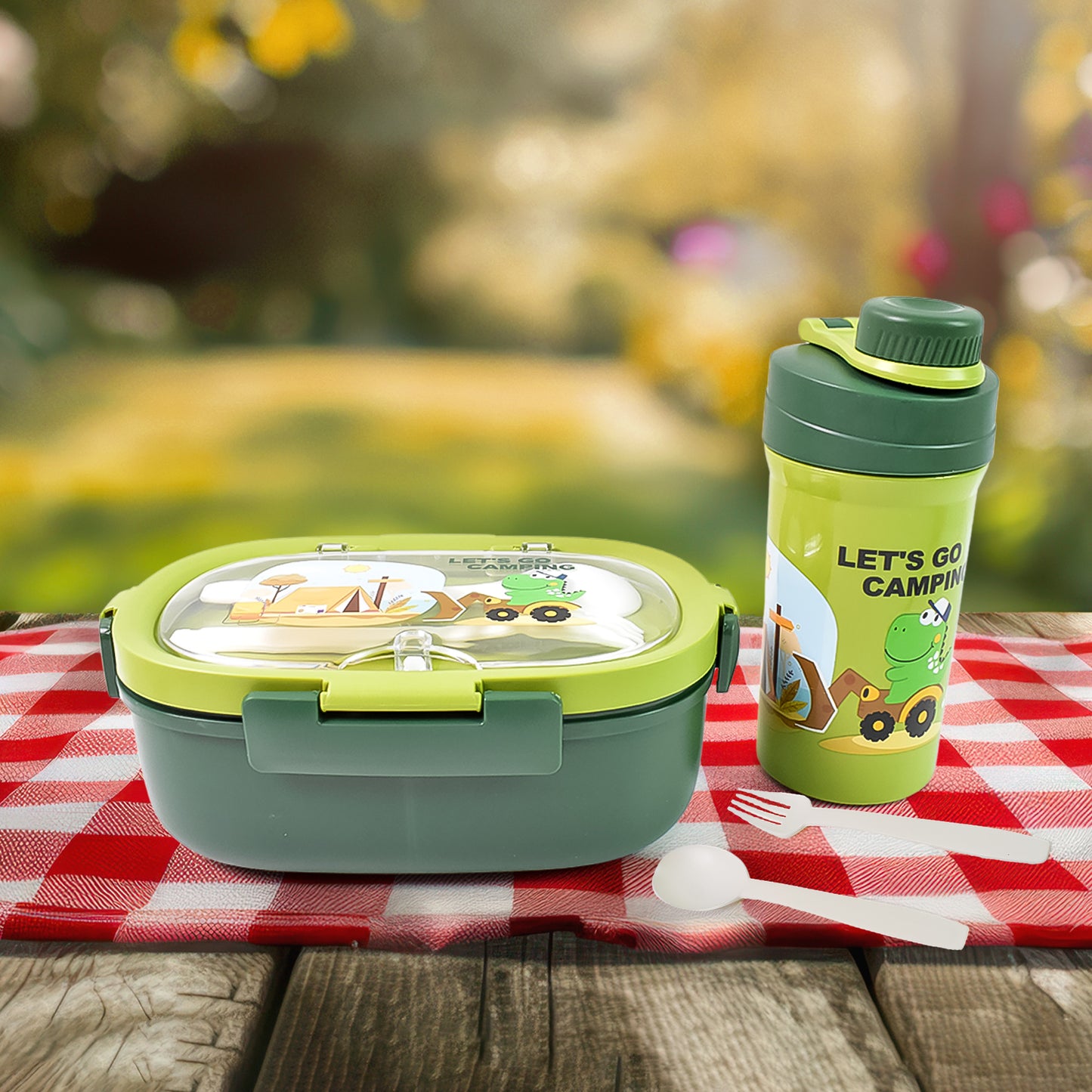Plastic Lunch Box Leak Proof 3 Compartment With Bottle Spoon And Fork (1 Set) - Springkart 