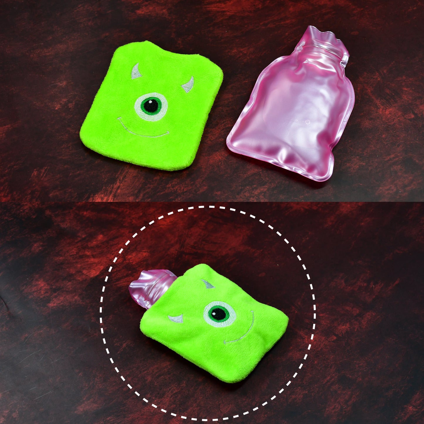 6519 Green One Eye Monster Print Small Hot Water Bag With Cover For Pain Relief Neck Shoulder Pain And Hand Feet Warmer Menstrual Cramps. - Springkart 