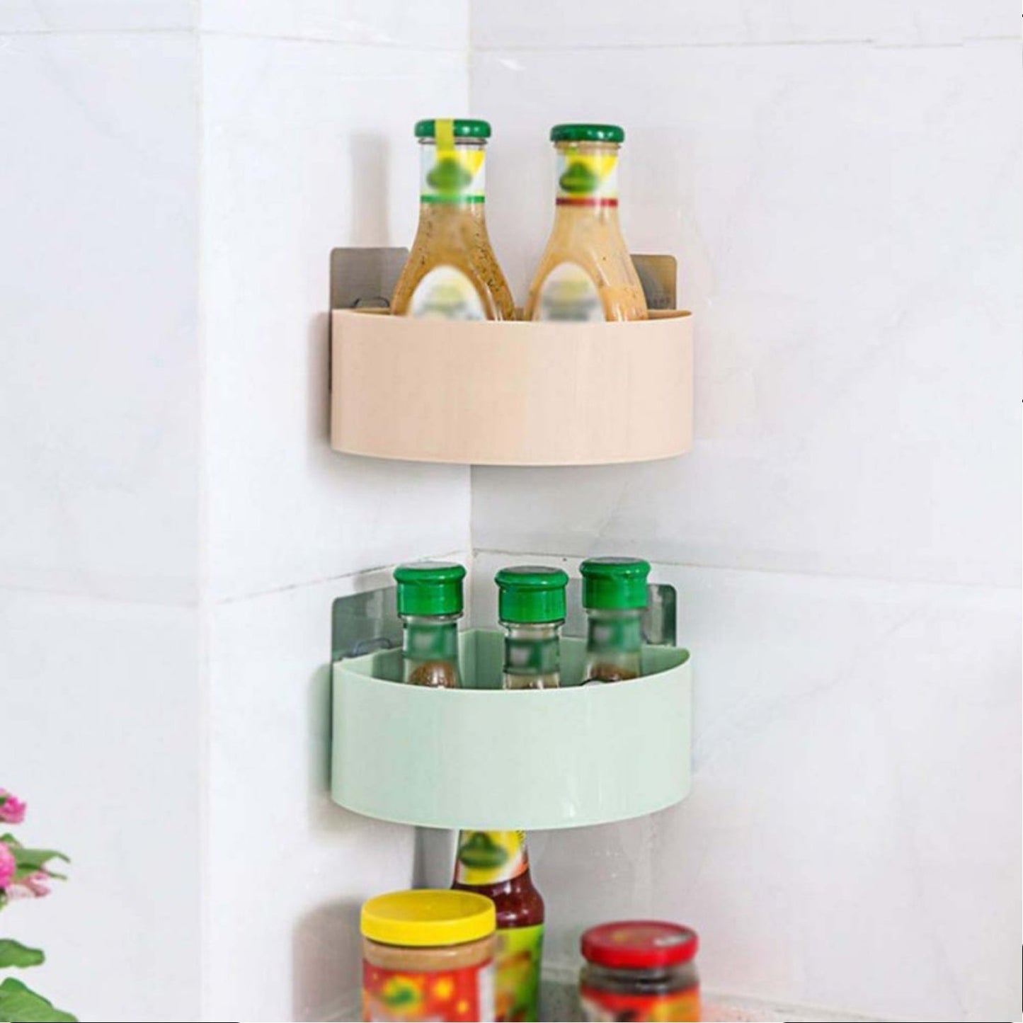 Corner Shelf Bathroom Kitchen Rack Self Adhesive Shower Caddy Plastic Triangle Wall Mount Storage Basket - Springkart 