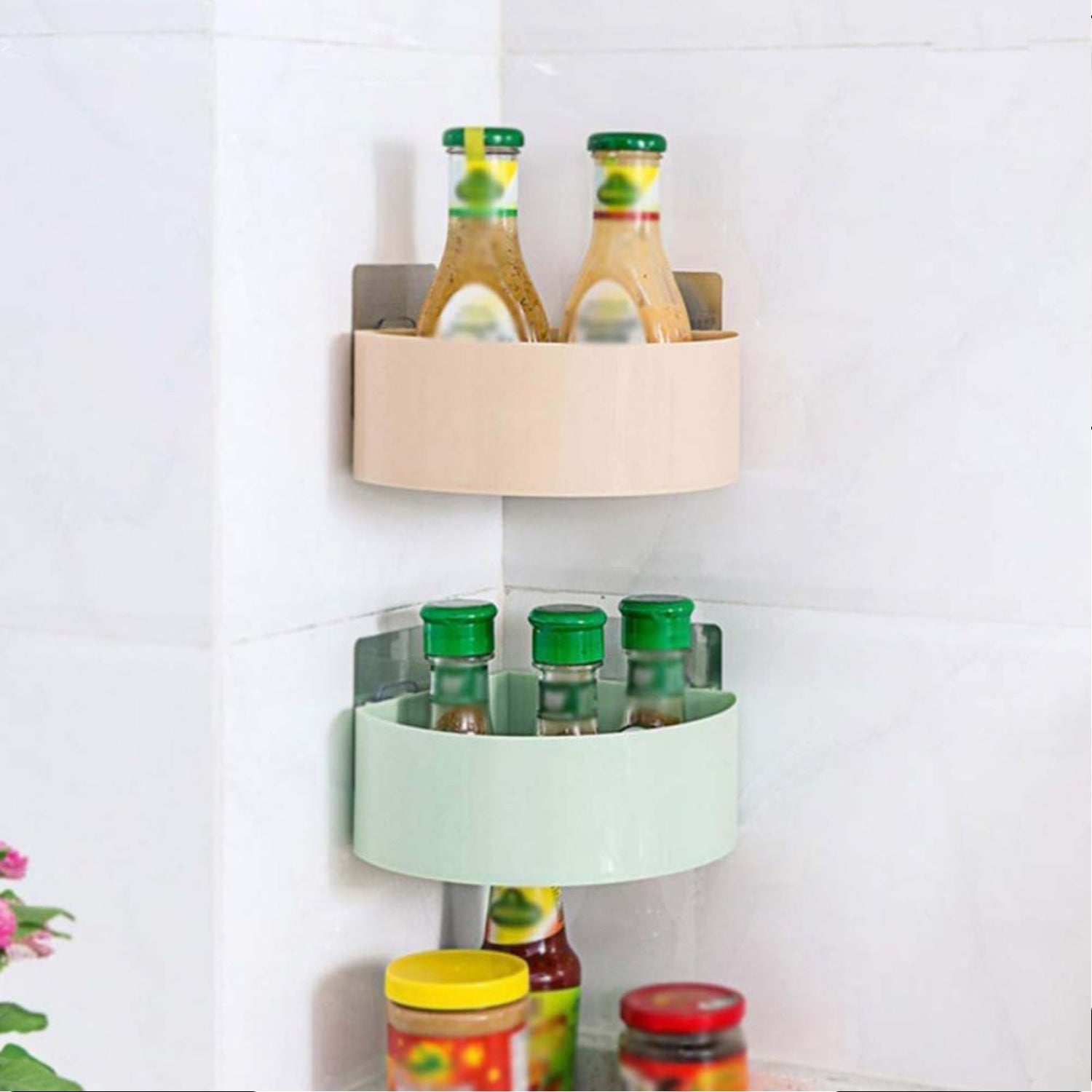 Corner Shelf Bathroom Kitchen Rack Self Adhesive Shower Caddy Plastic Triangle Wall Mount Storage Basket - Springkart 