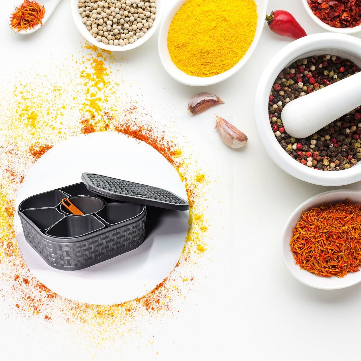Masala Box for Keeping Spices, Spice Box for Kitchen, Masala Container, Plastic Wooden Style, 7 Sections (Multi Color). - Springkart 