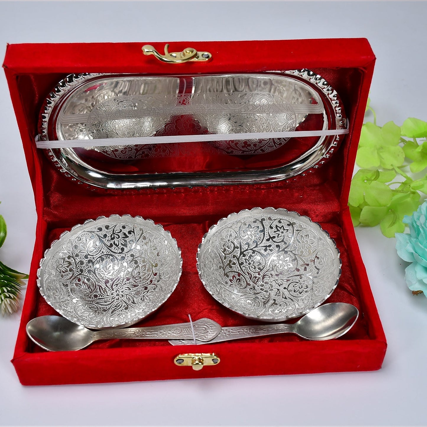 Silver Plated 2 Bowl 2 Spoon Tray Set Brass with Red Velvet Gift Box Serving Dry Fruits Desserts Gift, Bartan - Springkart 