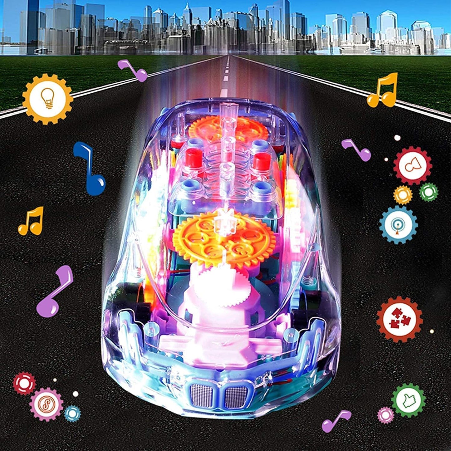 17793 Automatic 360 Degree Rotating Transparent Gear Concept Car With Musical And 3d Flashing Lights Toy For Kids Boys Girls (Multicolor Battery Not Included) - Springkart 