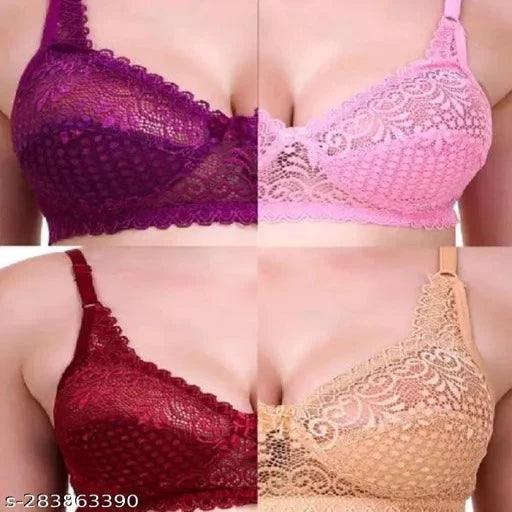 Women Fancy Stylish Women Everyday Net Bra For Girls Women Pack of 3 (BLACK,RED,CREEM,) - Springkart 