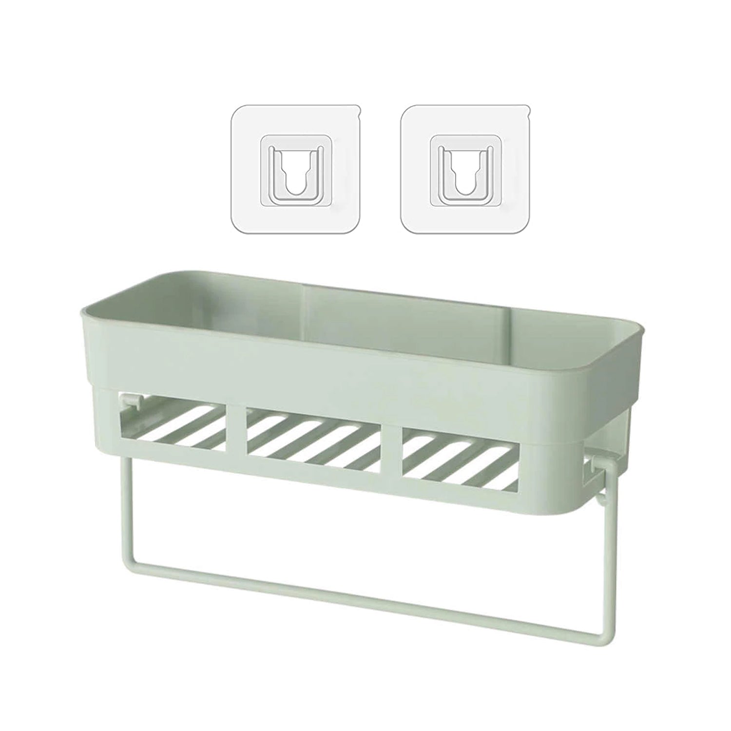 Multipurpose storage rack, wall-mounted for kitchen or bath.