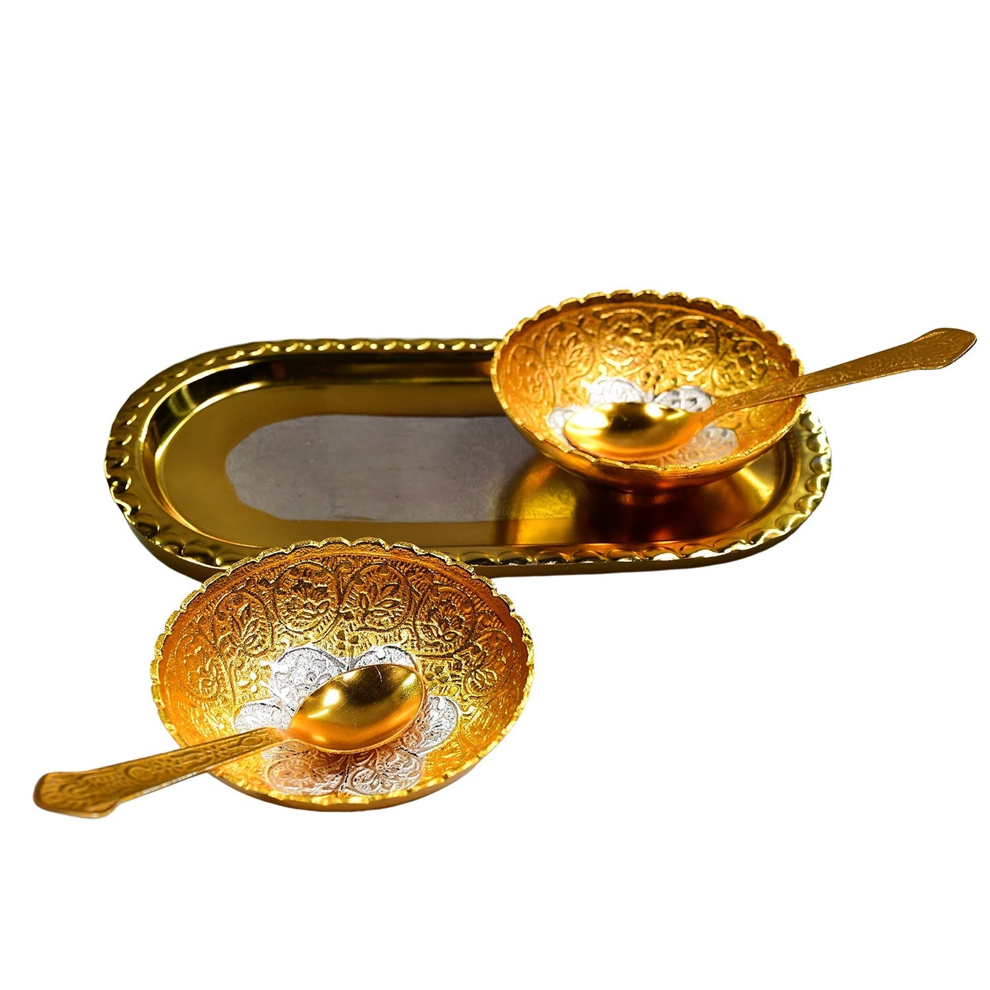Gold Silver Plated 2 Bowl 2 Spoon Tray Set Brass with Red Velvet Gift Box Serving Dry Fruits Desserts Gift - Springkart 