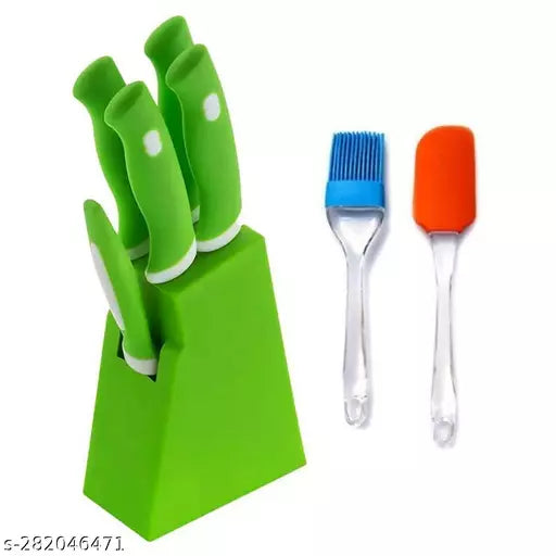 Kitchen Knife Set with Holder Stand 5-Pieces Knife + 1 Stand (Plastic) + 4 Knife + 1 Peeler and Spatula & Oil Brush