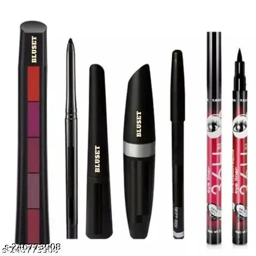 BLUEST Combo of  5 in 1 red lipstick with 3in1 eyeliner mascara & 36h eyeliner & kajal