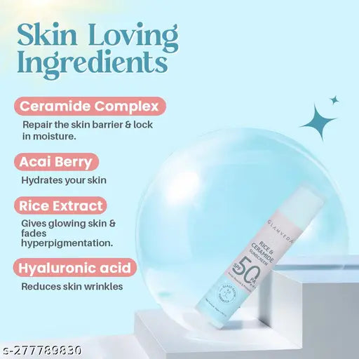 Glamveda Glass Skin Rice & Ceramide Sunscreen SPF 50 PA+++ | No White Cast | Water & Sweat Proof | Excess sebum production | 50 ml