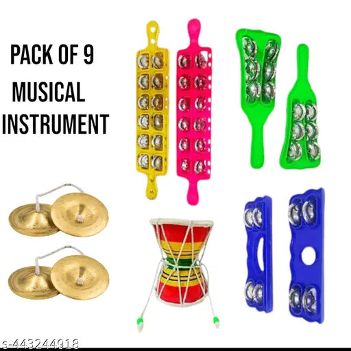 Pack of 9 musical instruments hand taal ,khartal ,jhika, manjeera and damru combo