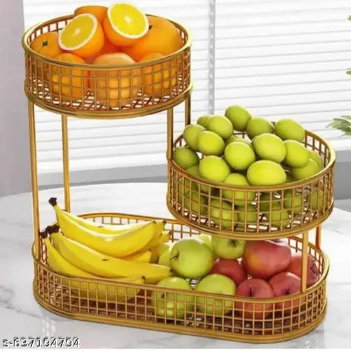 Option 1 (Focus on shape): Stylish Gold Metal 3-Tier Oval Fruit & Vegetable Storage Basket for Kitchen Counter