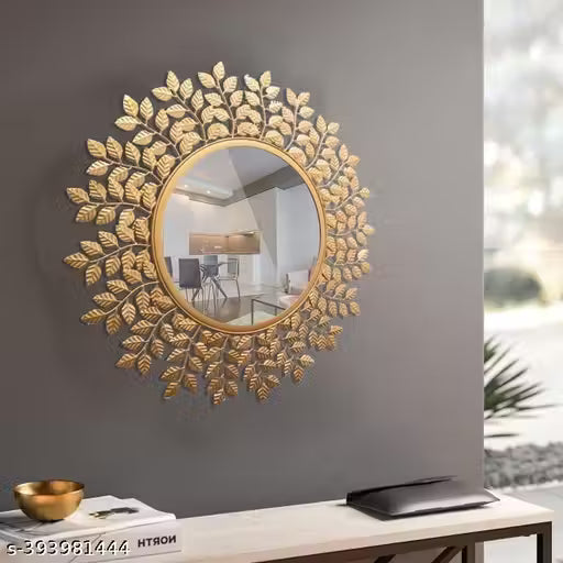 Handcrafted Golden Leaf Design Round Mirror - Perfect for Entryway or Hallway