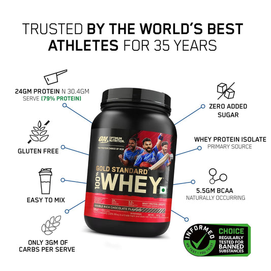Optimum Nutrition (ON) Gold Standard 100% Whey Protein Powder 2 lbs, 907 g (Double Rich Chocolate), for Muscle Support & Recovery, Vegetarian - Primary Source Whey Isolate