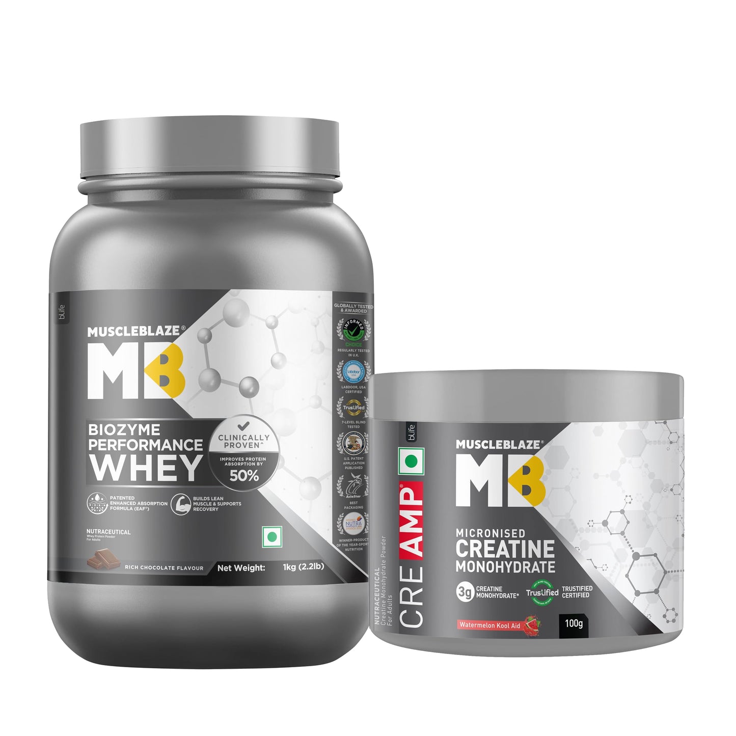 MuscleBlaze Micronised Creatine Monohydrate CreAMP Powder, Unflavoured (32 Servings, 100g) | Trustified Certified Creatine