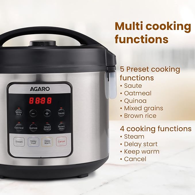 AGARO Royal Electric Rice Cooker, 5 Litre Ceramic Coated Inner Bowl, Steam Basket, 6 Preset Cooking Function With Advanced Fuzzy Logic, Keep Warm Function, 1.5Kgs (approx. 10 cups) raw rice, Silver