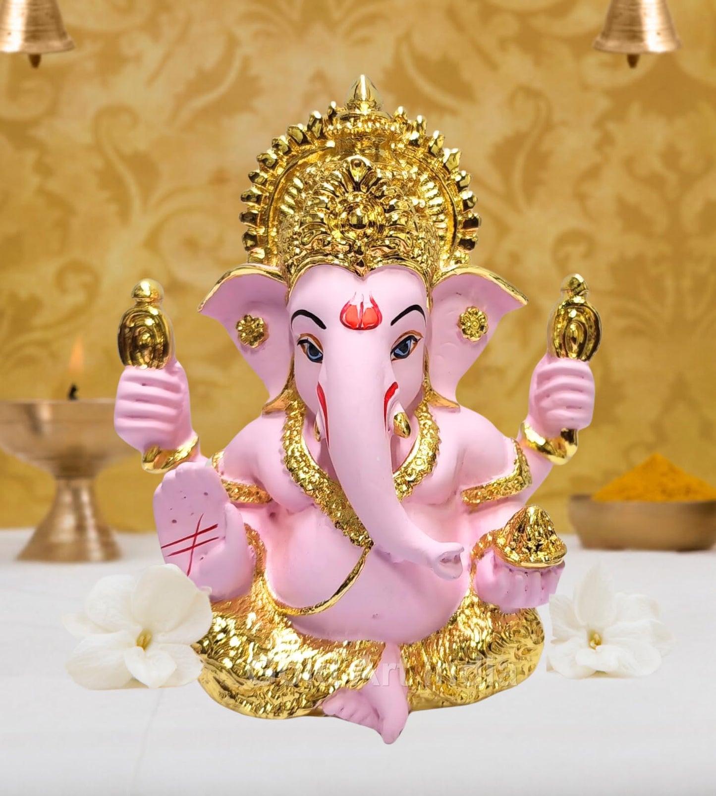 Gold Art India Ganesha Idol | Ganesh Statue for Home Decor | Ganesha murti for Office Desk, & Ganpati Idol for Car Dashboard | Unique Wedding & Birthday Gift (Gold Antique 3.5")