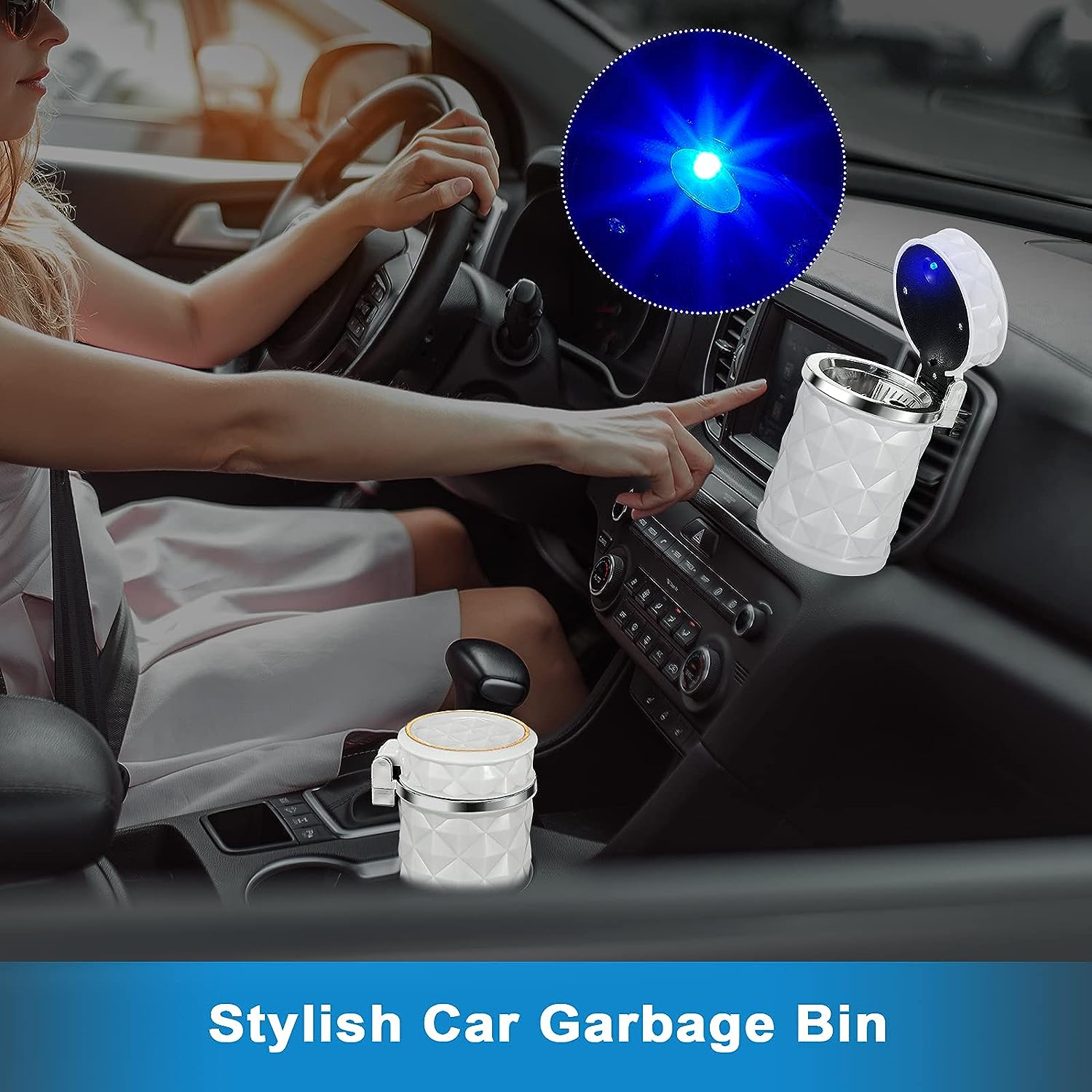 Car Cupholder Travel Ashtray with Lid and LED Light, Portable with Blue LED Light Ideal Decorative Cigar Ash Bucket, Cigarette Ashtray, Car Waste Bin - Springkart 