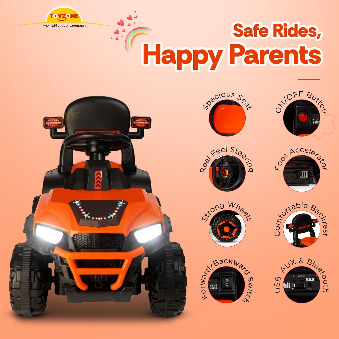 Toyzone Impex Pvt Ltd Super Speedo Electric Ride On Jeep Without Remote-Orange|Rechargeable Car 6V & 6.5Ah Battery|Music Player with Bluetoooth & USB |6 Month Battery Warranty,Kids 2+ Years