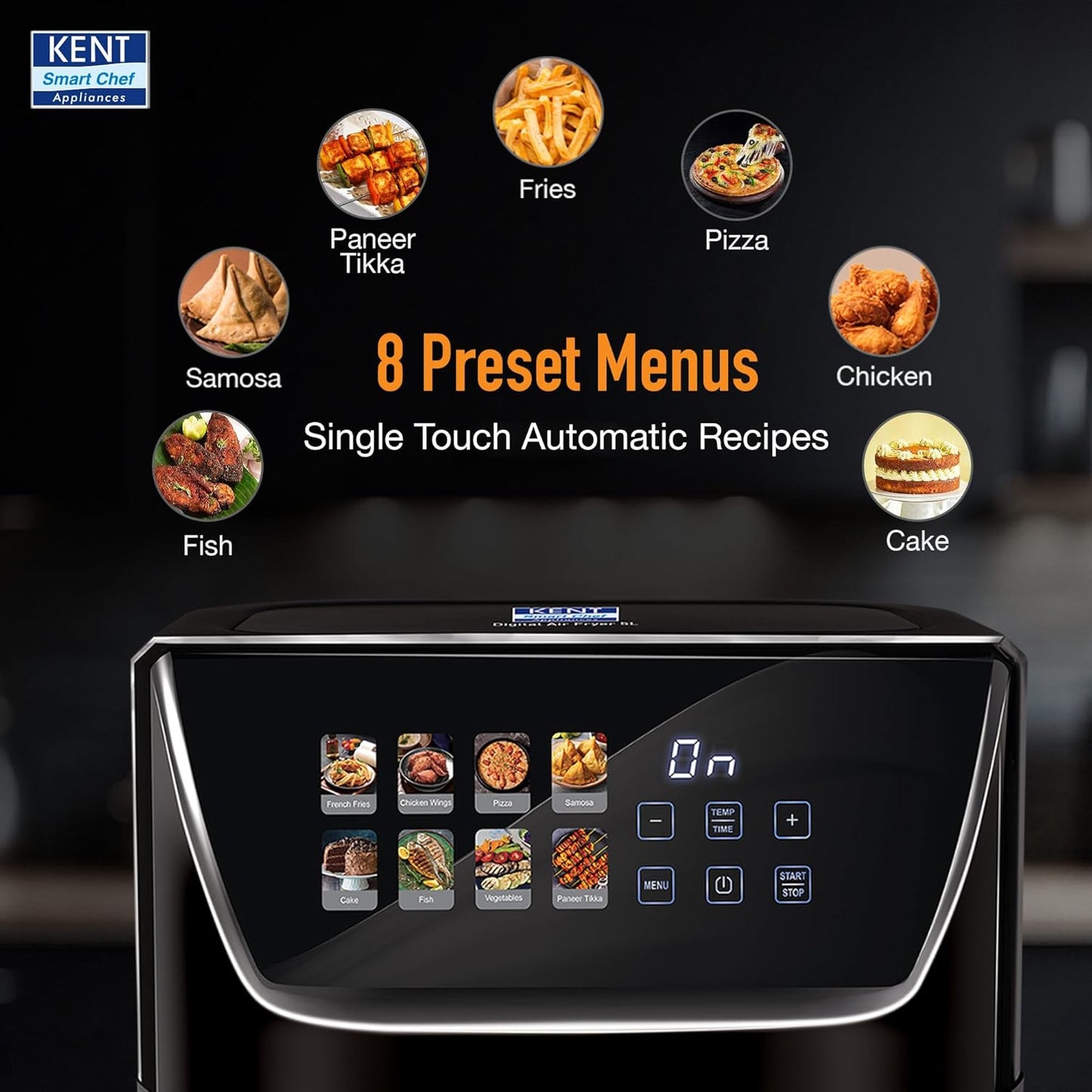 KENT Ultra Digital Air Fryer 5L | 1500W | Bake, Grill & Roast | Up to 80% Less Oil Usage |8 Preset Menu|Rapid Heat Circulation |Digital Display & Touch Control Panel |Glass Window with in built Light