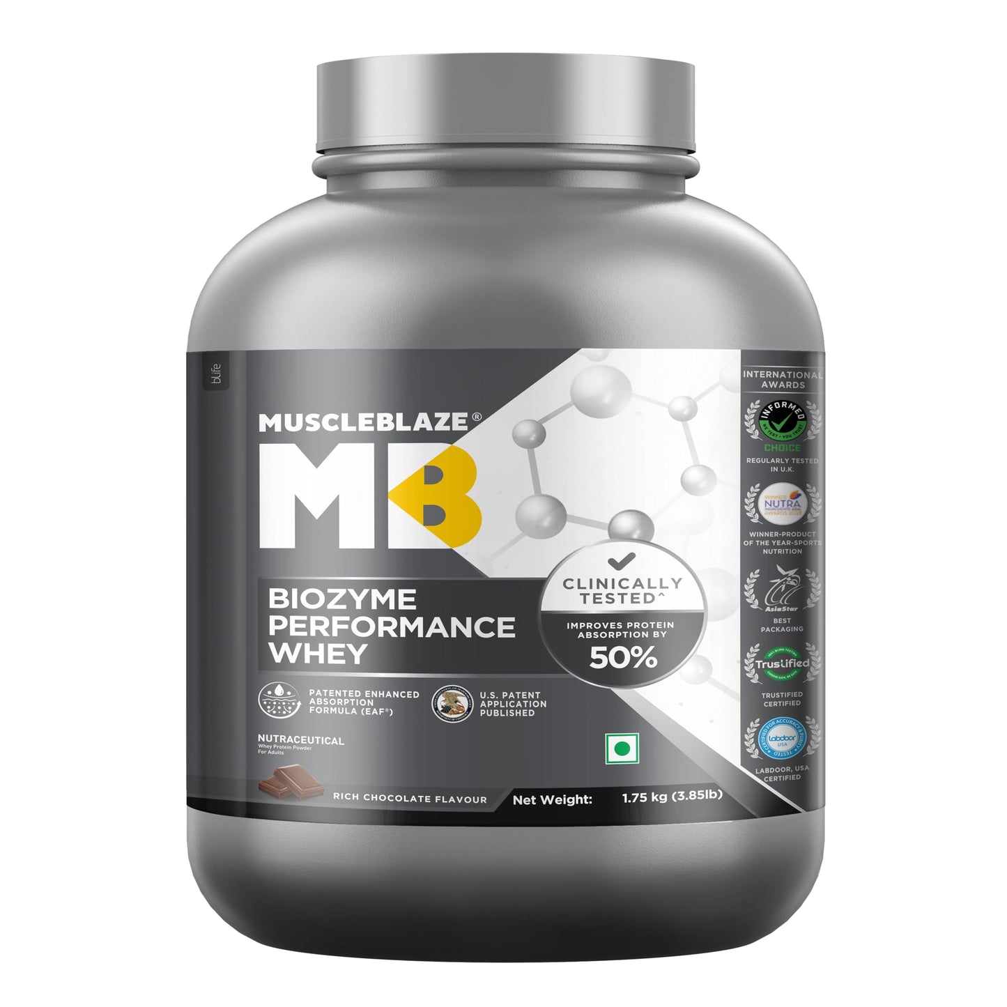MuscleBlaze Biozyme Performance Whey Protein Powder, Chocolate Peanut Butter (2kg / 4.4lbs) | 25g Protein Per Scoop | Clinically Tested 50% Higher Protein Absorption