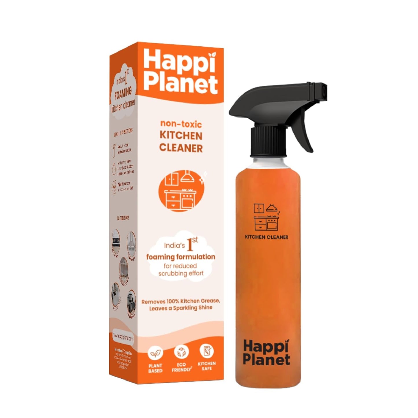 Happi Planet | Kitchen Cleaner | India’s 1st Foaming Formulation for Less Scrubbing | 500ml | Suitable for Stoves, Chimneys, Counter Tops, Appliances, Walls & Cabinets | Non Toxic & Natural
