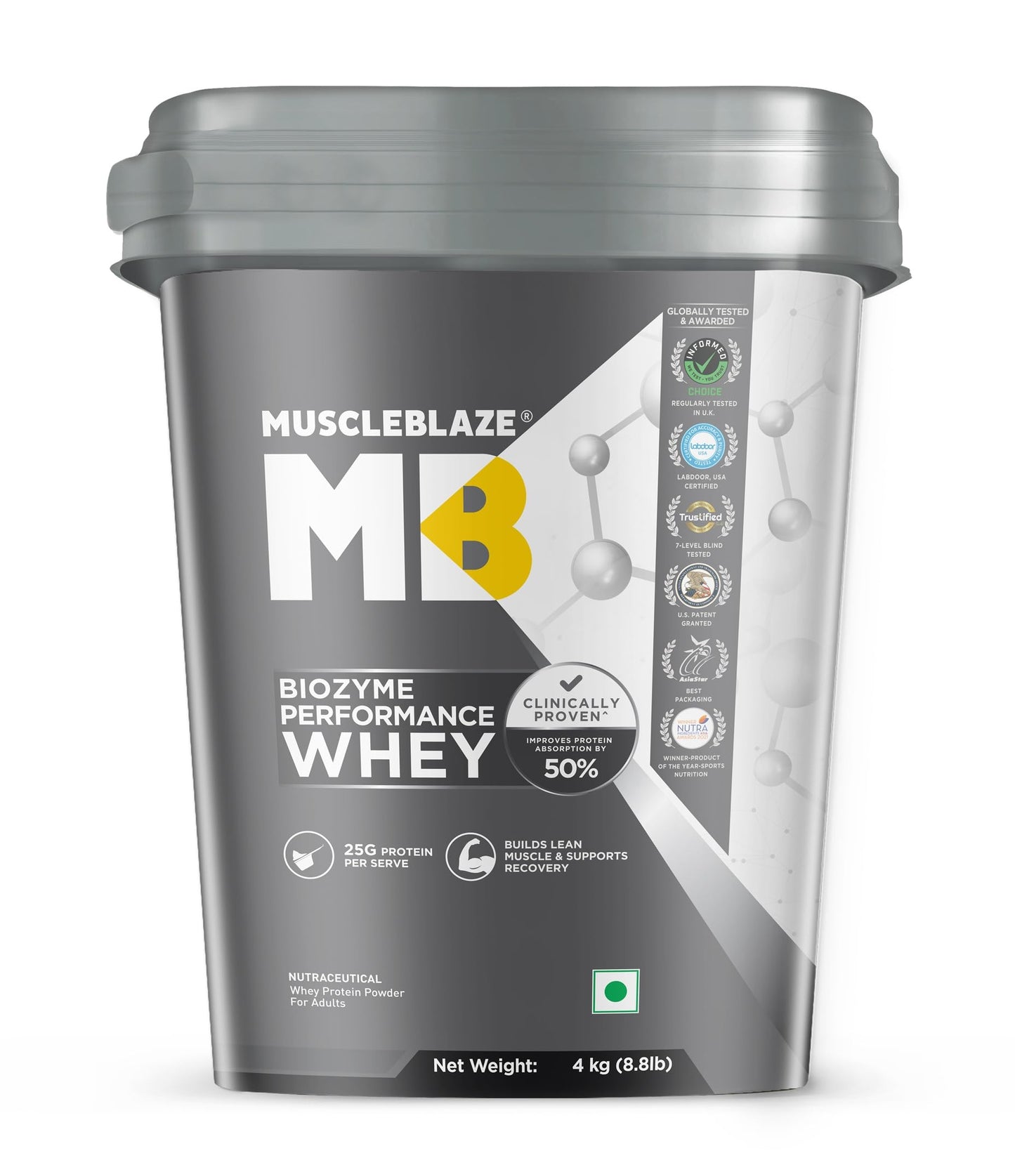 MuscleBlaze Biozyme Performance Whey Protein Powder, 1kg (2.2lbs) | Magical Mango | 25g Protein Per Scoop | Clinically Tested 50% Higher Protein Absorption