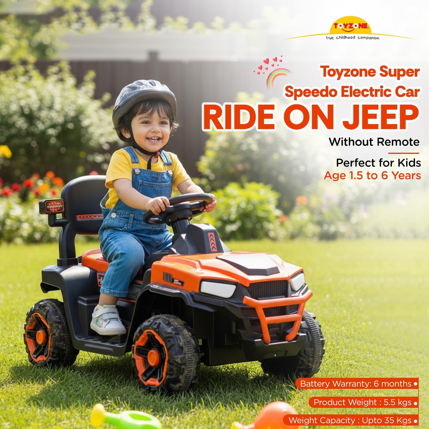 Toyzone Impex Pvt Ltd Super Speedo Electric Ride On Jeep Without Remote-Orange|Rechargeable Car 6V & 6.5Ah Battery|Music Player with Bluetoooth & USB |6 Month Battery Warranty,Kids 2+ Years