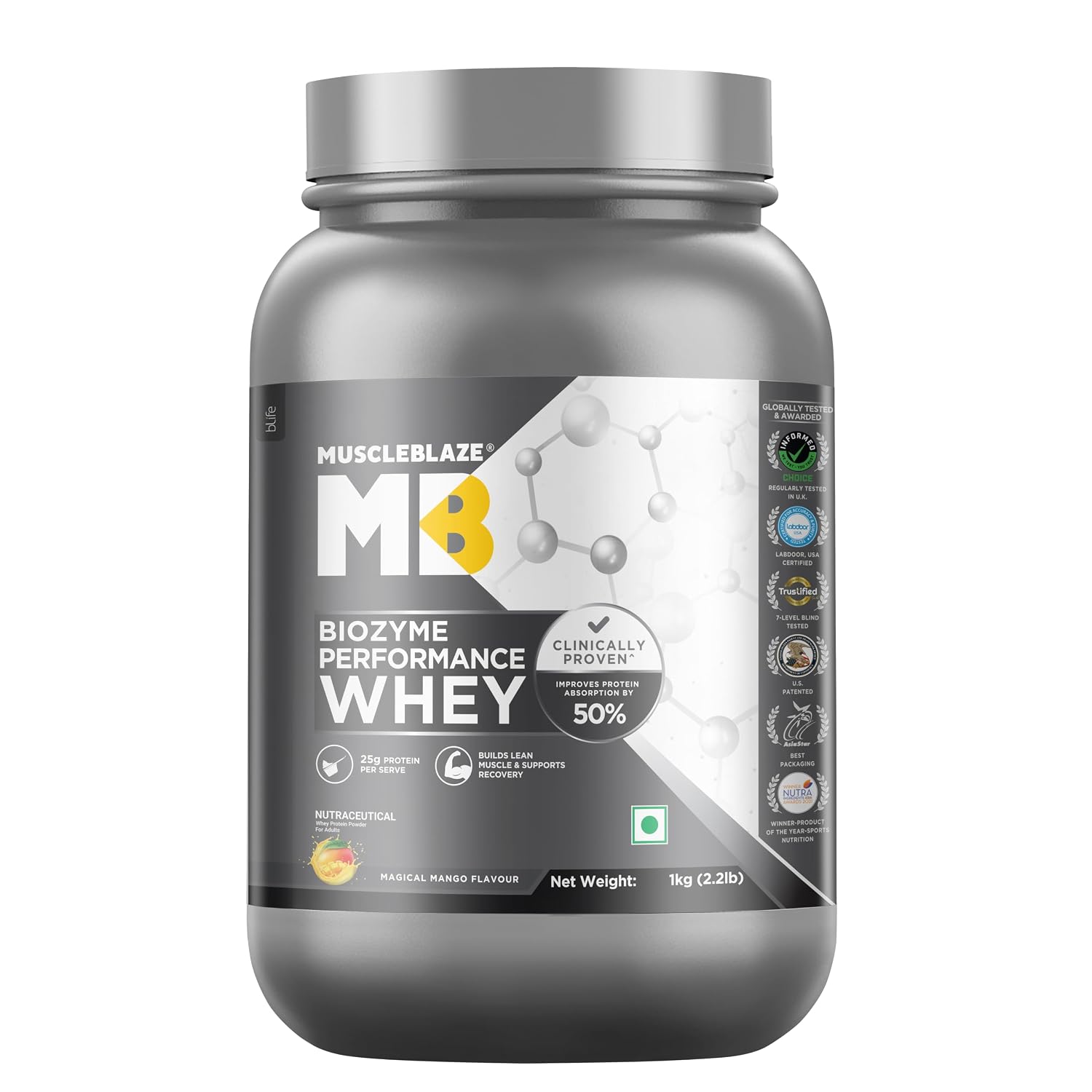 MuscleBlaze Biozyme Performance Whey Protein Powder, 1kg (2.2lbs) | Magical Mango | 25g Protein Per Scoop | Clinically Tested 50% Higher Protein Absorption