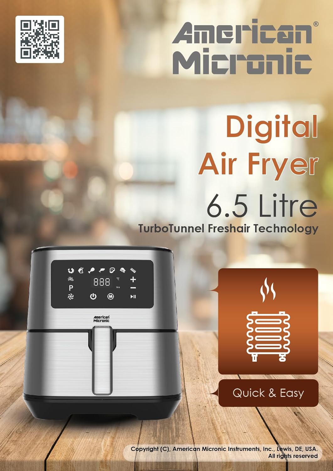 AMERICAN MICRONIC® 6.5 L Digital Air Fryer | 1700W Rapid Air Technology | 200°C Max Temp | 60-Min Timer | 8 Preset Menus | Removable Basket | Includes Recipe Book | AMI-AFD-65LDx (Black & Steel)