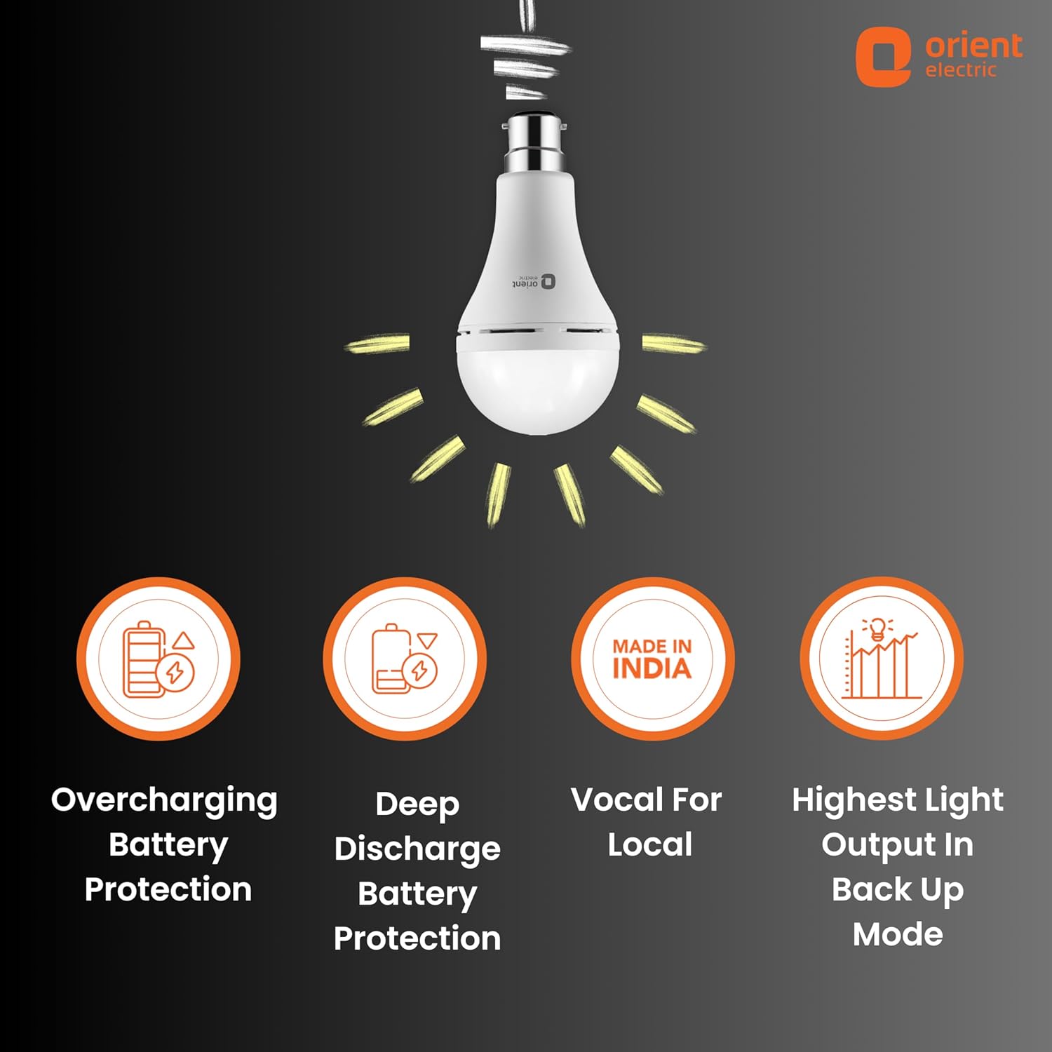 Orient Electric 12W Rechargeable Emergency LED bulb| Inverter Bulb for home with 2 hours battery backup| Up to 4 kV surge protection| 6500K, Cool White, B22d base| Over charging Protection| Pack of 1