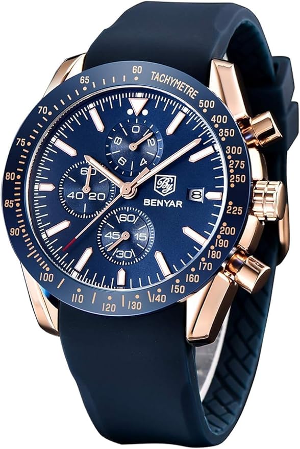 BENYAR Men's Luxury Chronograph Watch Blue Dial – Business, Casual | Quartz Movement with Date Display | Stylish Wristwatch | Gift for Men