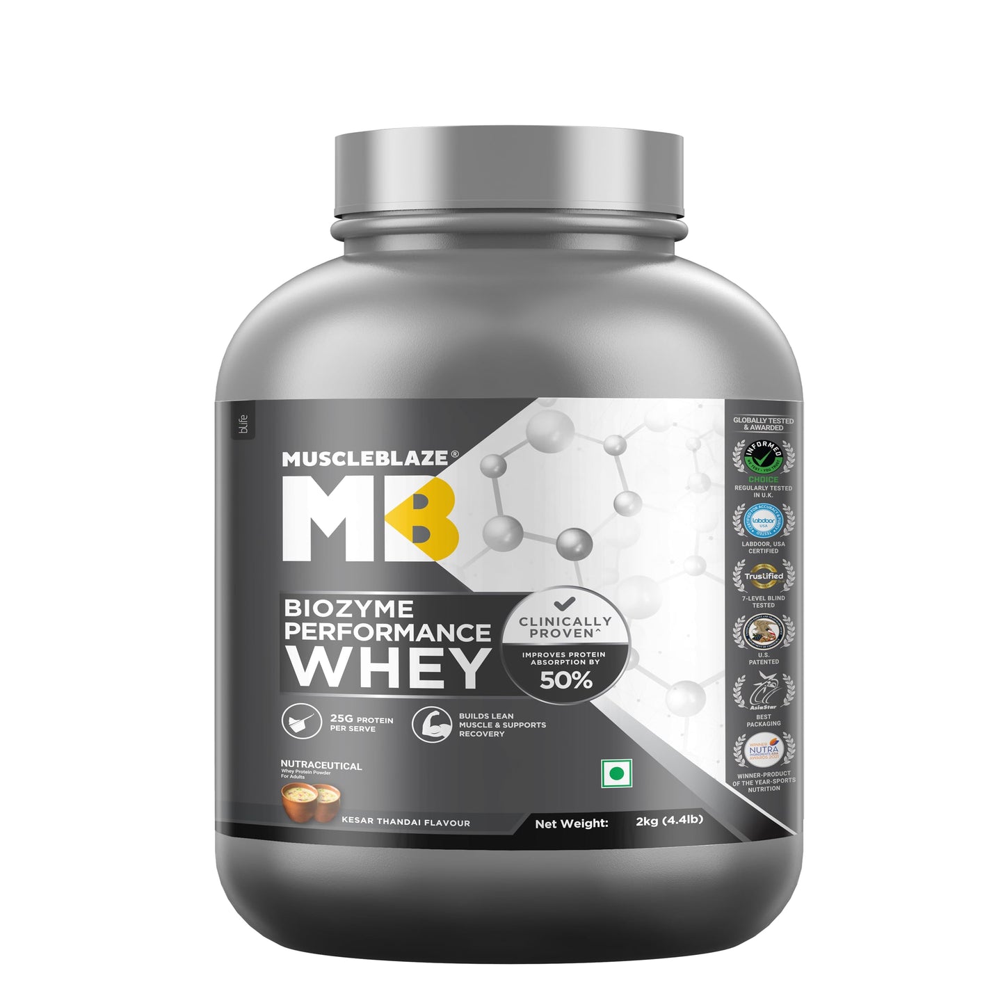 MuscleBlaze Biozyme Performance Whey Protein Powder, 1kg (2.2lbs) | Magical Mango | 25g Protein Per Scoop | Clinically Tested 50% Higher Protein Absorption