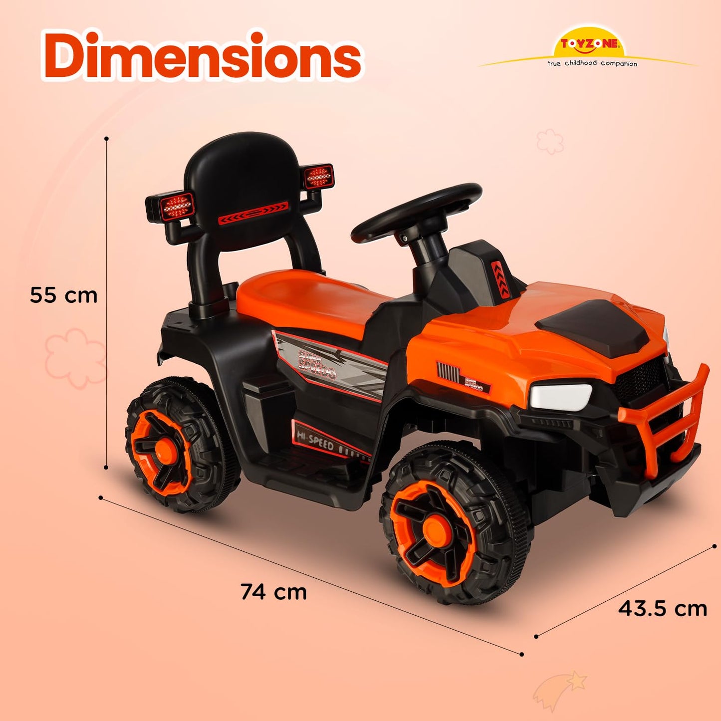 Toyzone Impex Pvt Ltd Super Speedo Electric Ride On Jeep Without Remote-Orange|Rechargeable Car 6V & 6.5Ah Battery|Music Player with Bluetoooth & USB |6 Month Battery Warranty,Kids 2+ Years