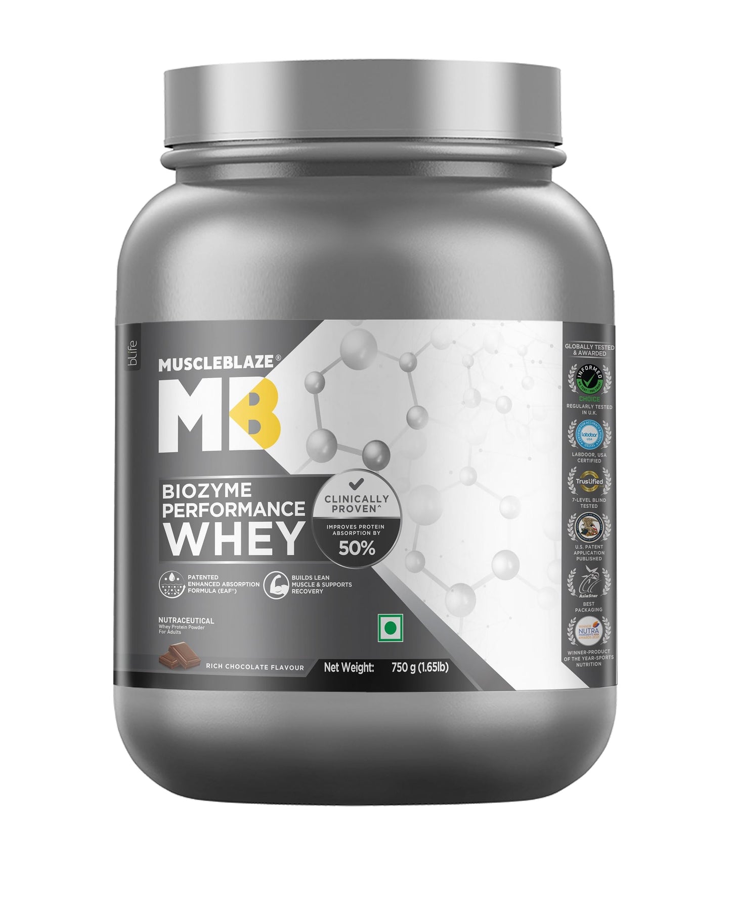 MuscleBlaze Biozyme Performance Whey Protein Powder, Chocolate Peanut Butter (2kg / 4.4lbs) | 25g Protein Per Scoop | Clinically Tested 50% Higher Protein Absorption