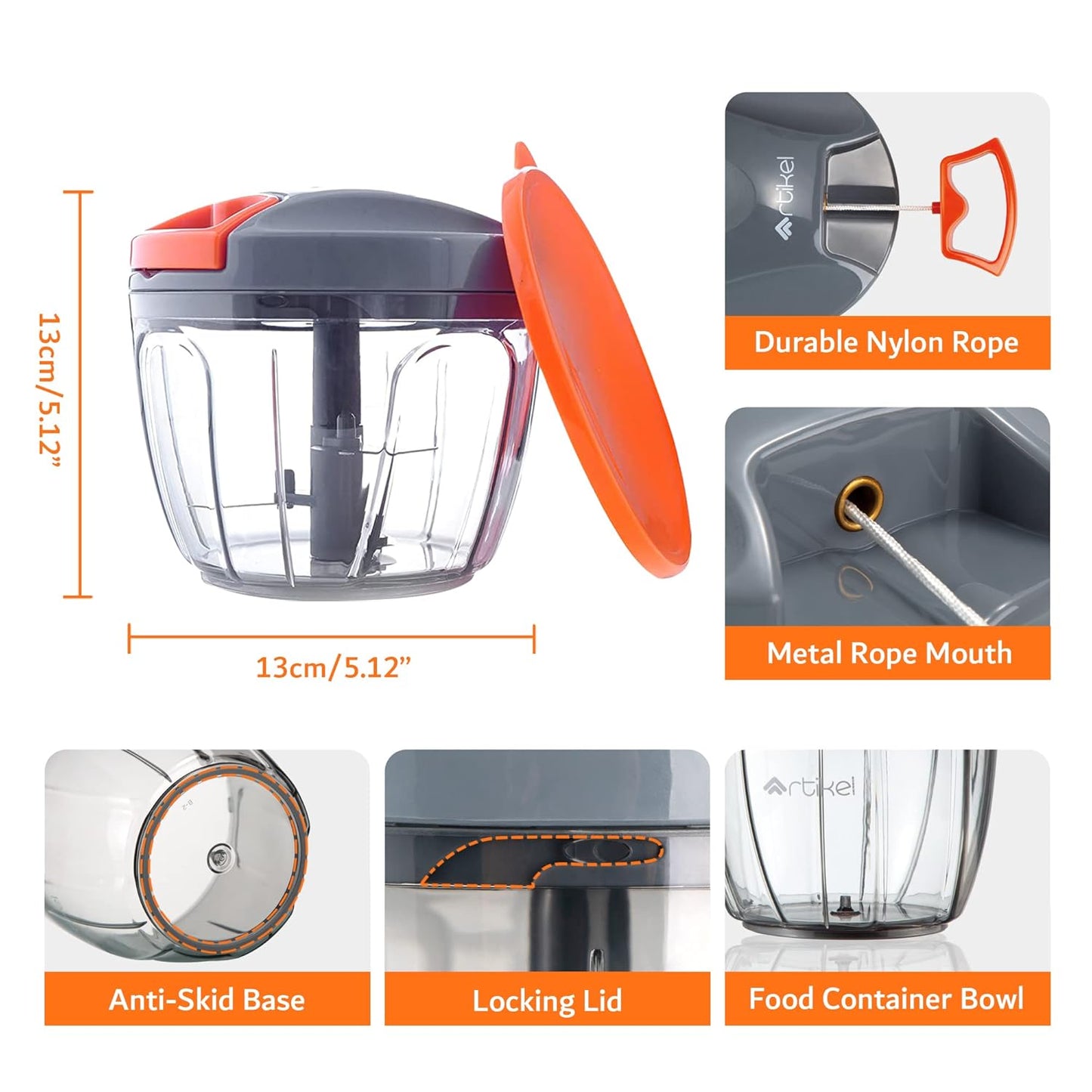 Artikel Manual Chopper with Storage Lid | Chops Vegetables, Nuts & Fruits | Meat Mincer | Medium - 650 mlGrey & Orange - Springkart 