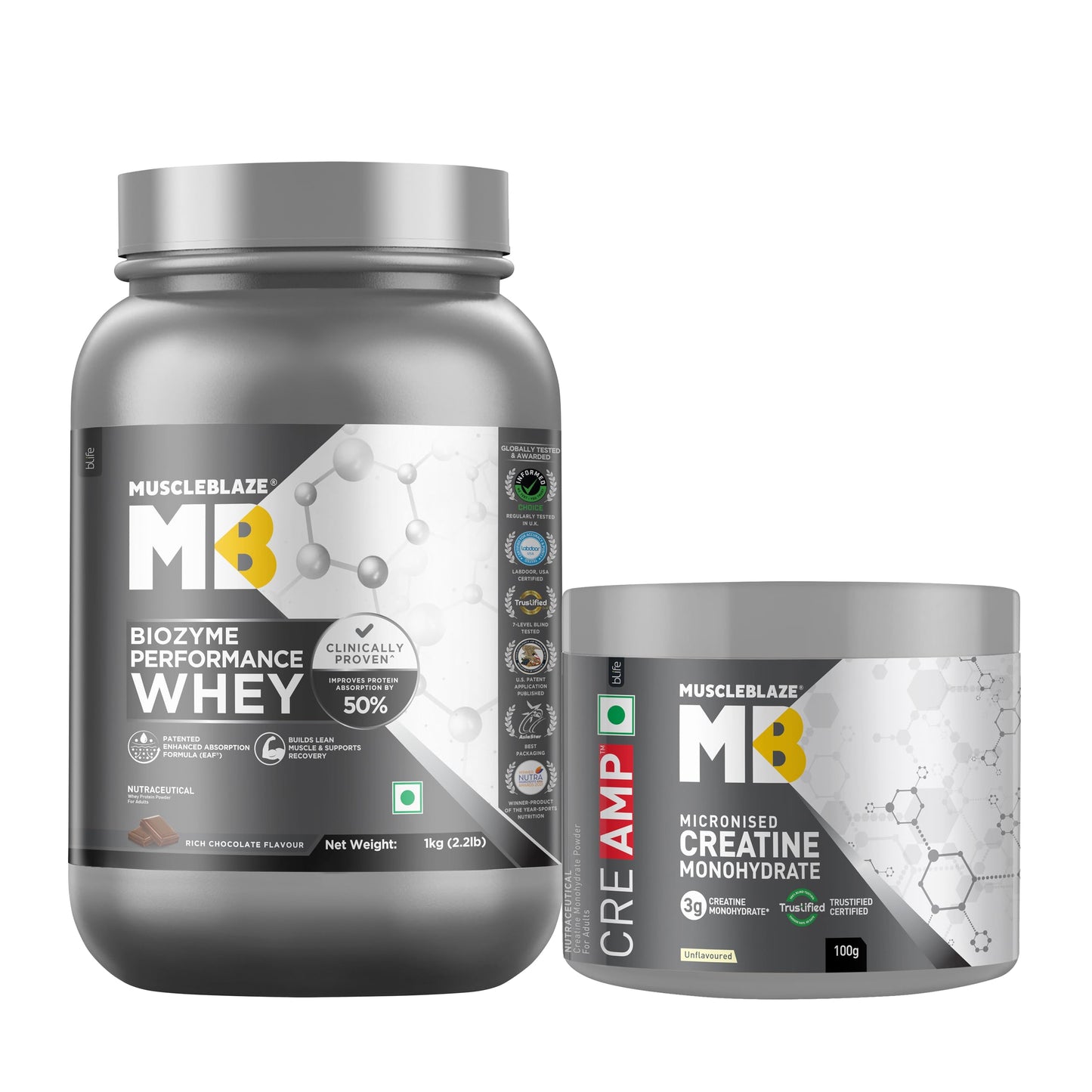 MuscleBlaze Biozyme Performance Whey Protein Powder, Rich Chocolate (1kg / 2.2lbs) | 25g Protein Per Scoop | Clinically Tested 50% Higher Protein Absorption