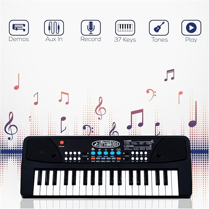 Kids Piano Keyboard with Mic (1 Year Warranty) 37 Keys 8 Rhythms 8 Tones 6 Demos Portable Electronic Keyboard Toy Beginners Educational Songs Recording Musical Toys 2 3 4 5 Years Boys Girls