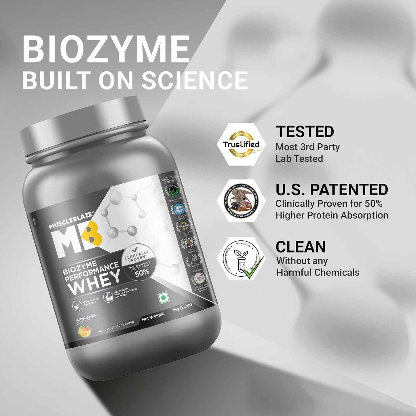 MuscleBlaze Biozyme Performance Whey Protein Powder, 1kg (2.2lbs) | Magical Mango | 25g Protein Per Scoop | Clinically Tested 50% Higher Protein Absorption